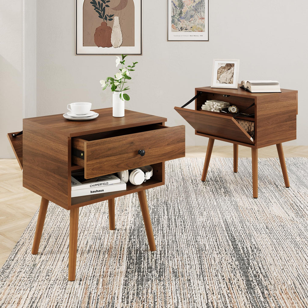 Hidden Compartment Night Stand Set 2, Mid Century Modern Concealment Furniture, End Table with Storage Drawer