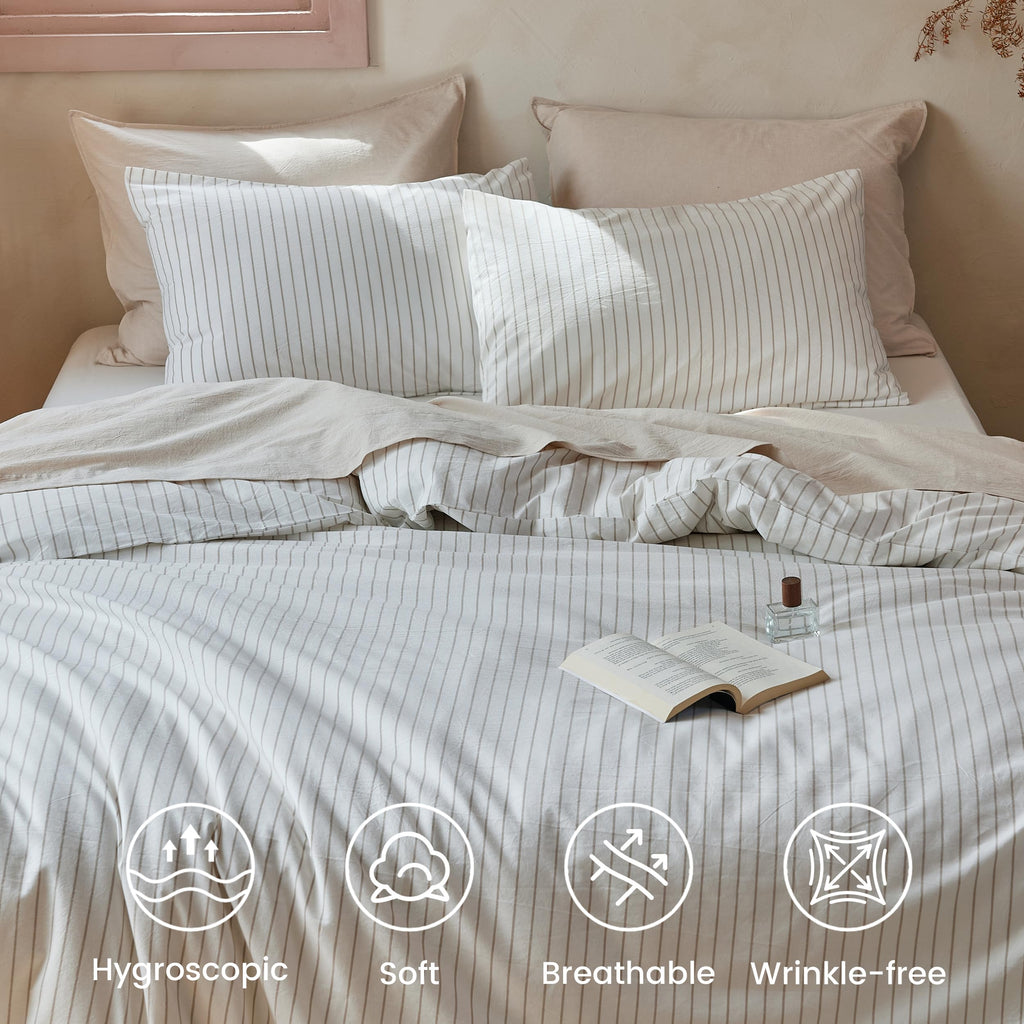 100% Washed Cotton Striped Duvet Cover Set 3 Pieces (1 Duvet Cover 88"x92", 2 Pillow Shams) Breathable