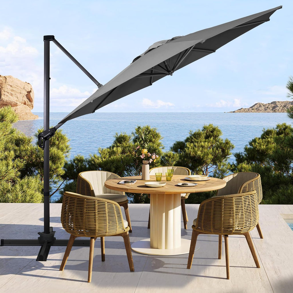 10Ft Cantilever Patio Umbrella, 360° Rotation & Integrated Tilting System Offset Umbrella with 8 Sturdy Ribs - Grey