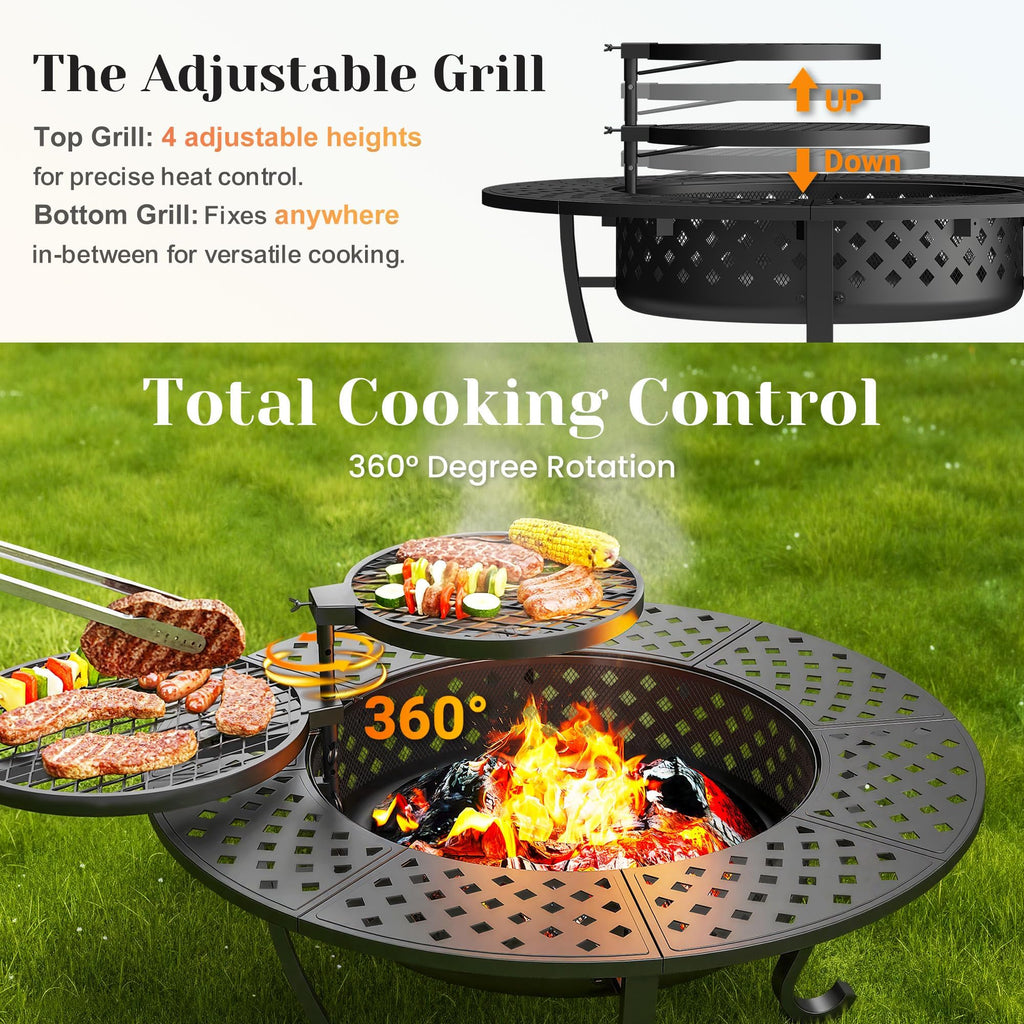 43" Fire Pit, Firepit with Adjustable 2 Grills & Lid & Fire Poker