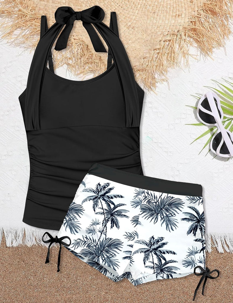 Girls Swimsuit 2 Piece Halterneck Girls Tankini Swimsuit Drawstring Printed Swim Shorts Girl Bathing Suit