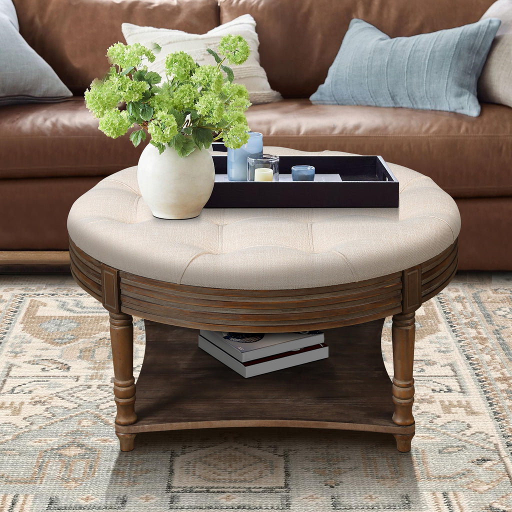 31.5in Farmhouse Round Ottoman Coffee Tables Office, Tufted Upholstered Linen Ottoman Centre Table with Storage Shelf
