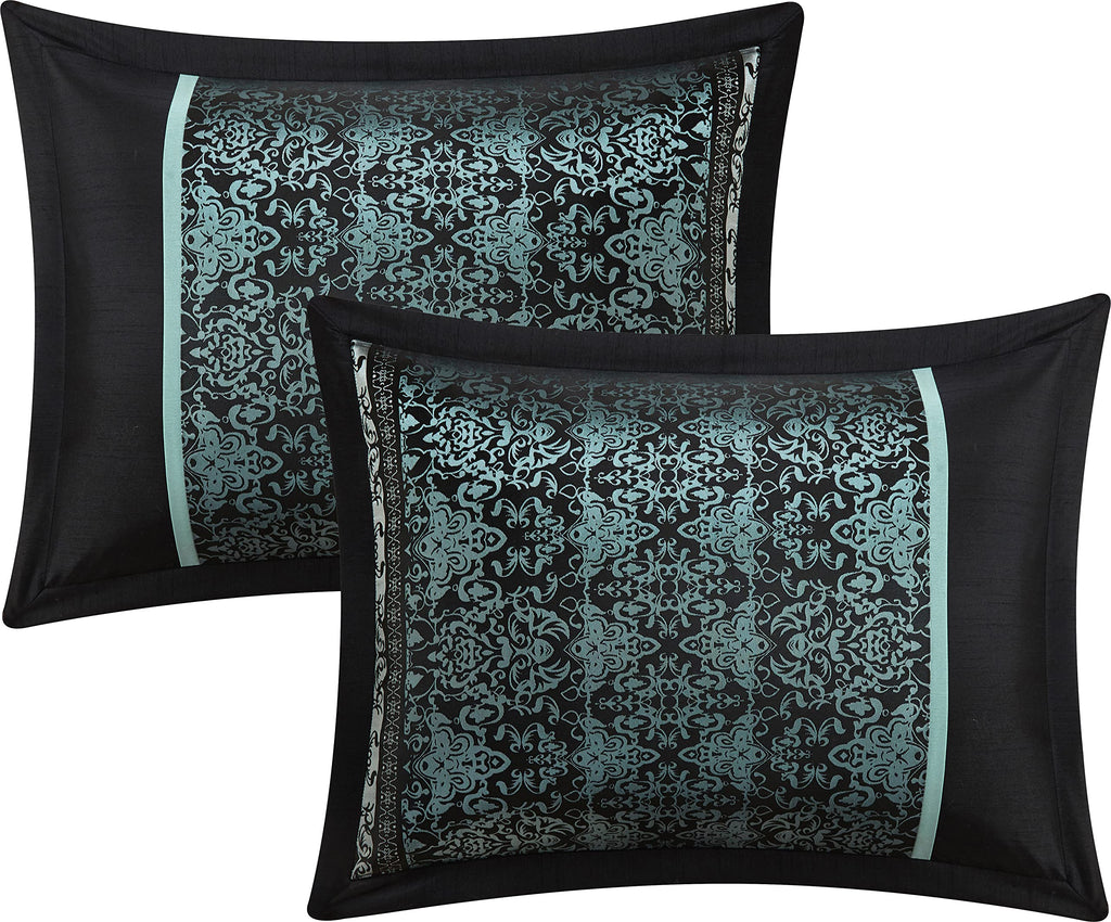 Damask 7 Piece Comforter Set, California King, Aqua/Black