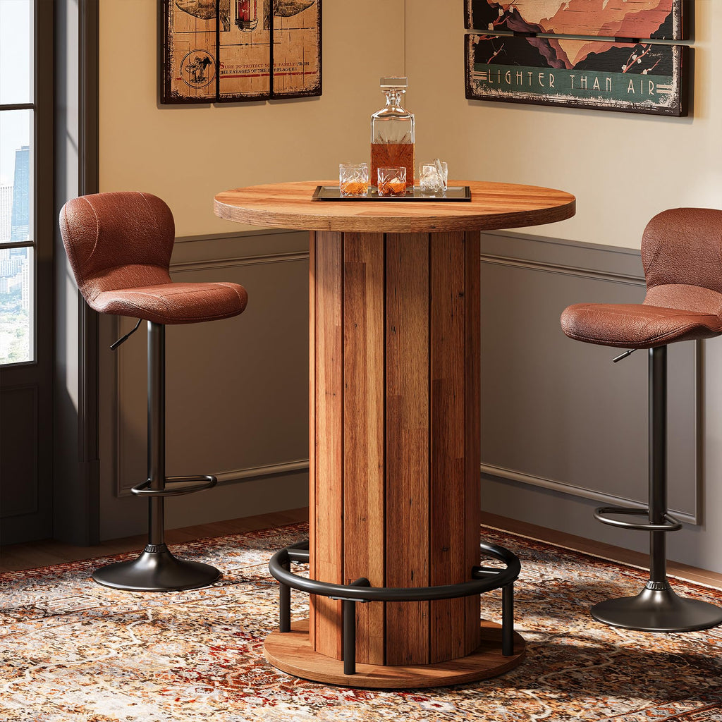 Round Bar Table, 39.4" H Wood Bistro Pub Table with Metal Ring Footrest for Dining Coffee Cocktail Living Room, Small