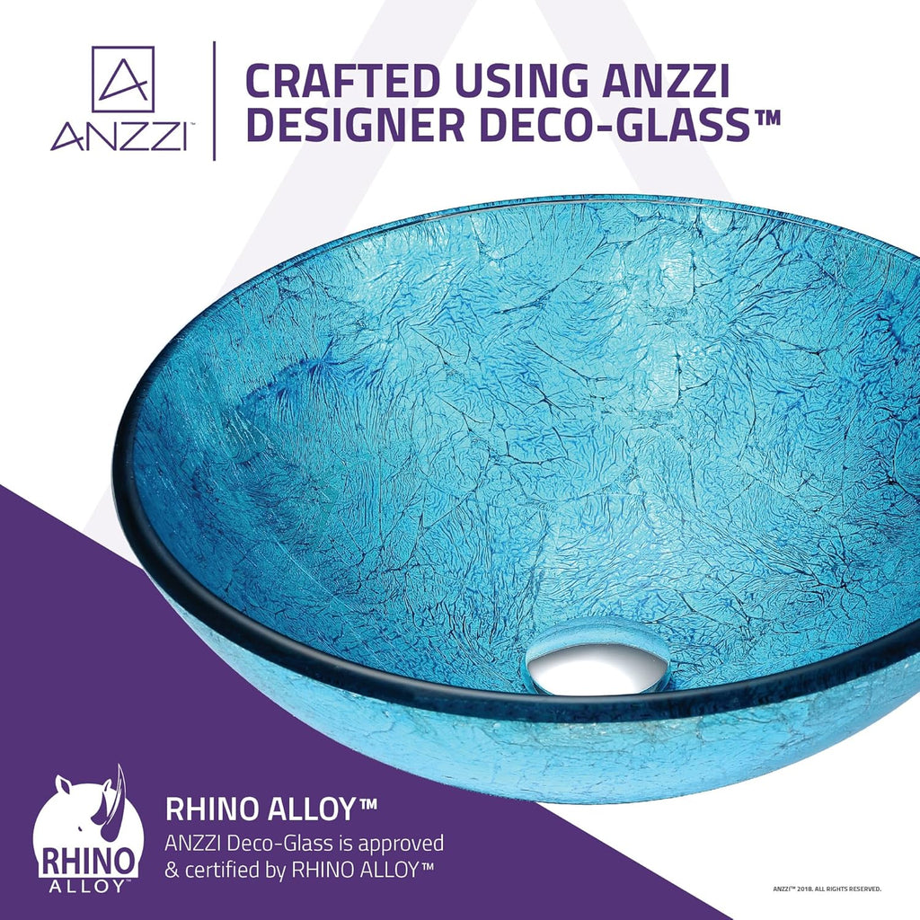 Accent Modern Tempered Glass Vessel Bowl Sink in Blue Ice, Aqua Top Mount Bathroom sinks above Counter