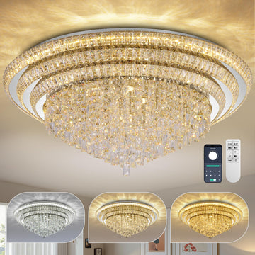 40" Flush Mount Crystal Chandelier with Remote and APP, Silver Ceiling Light