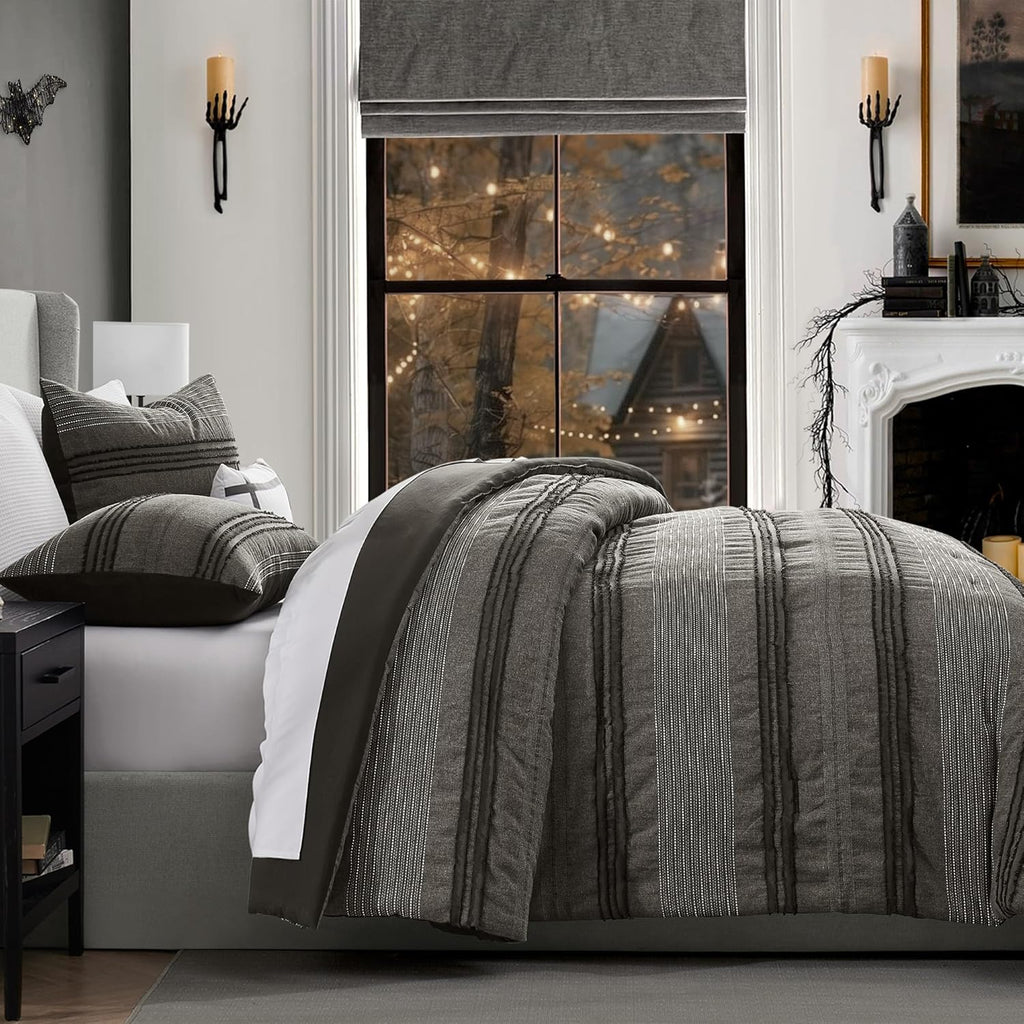 Wonderful Dark Grey Comforter Set King, Yarn Dyed Farmhouse Striped Cotton Lightweight Boho Comforter with Pillow