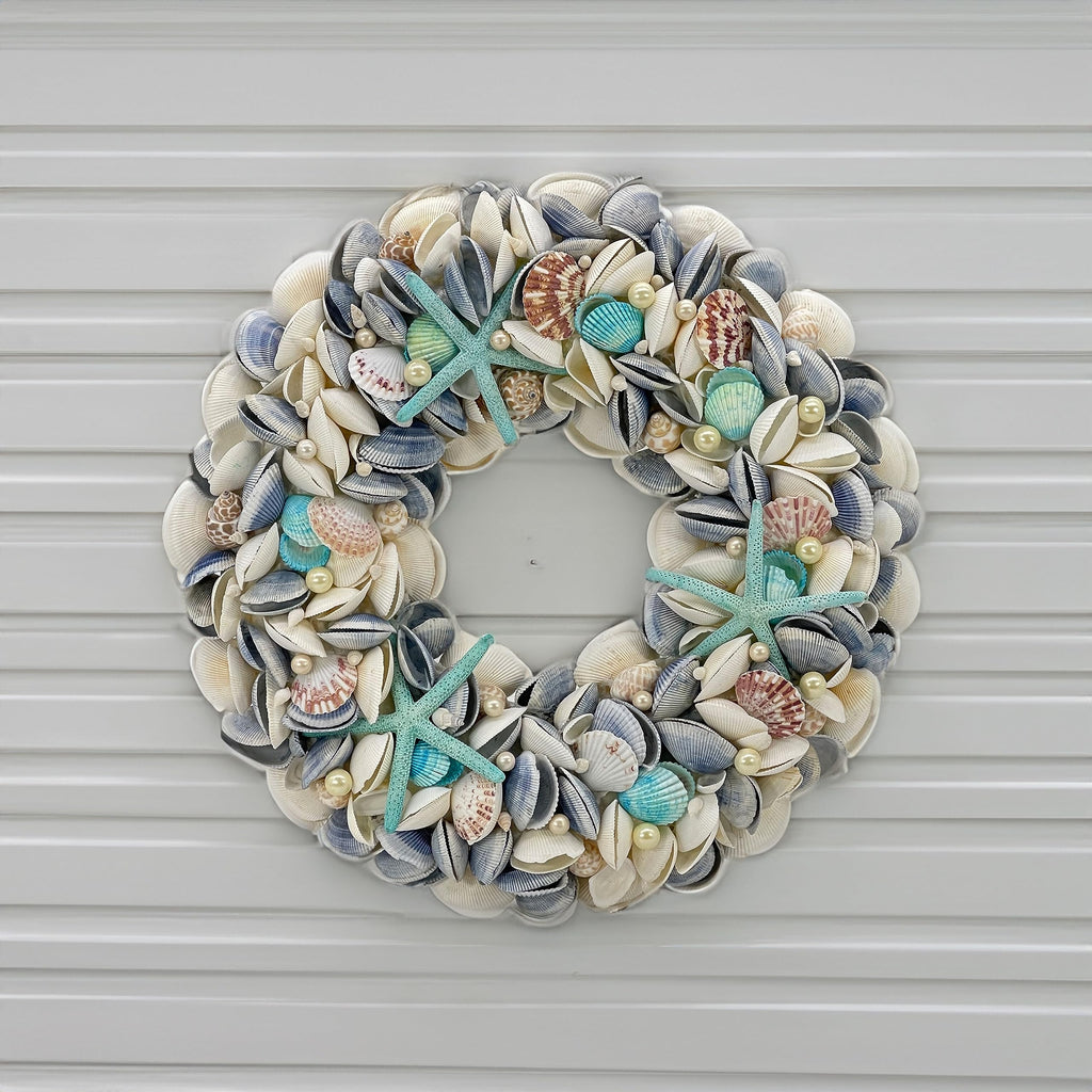 18" Nautical Seashell Wreath, Blue | Coastal Beach Floral Home Decor Indoor Outdoor Real Starfish Pearl Seashells