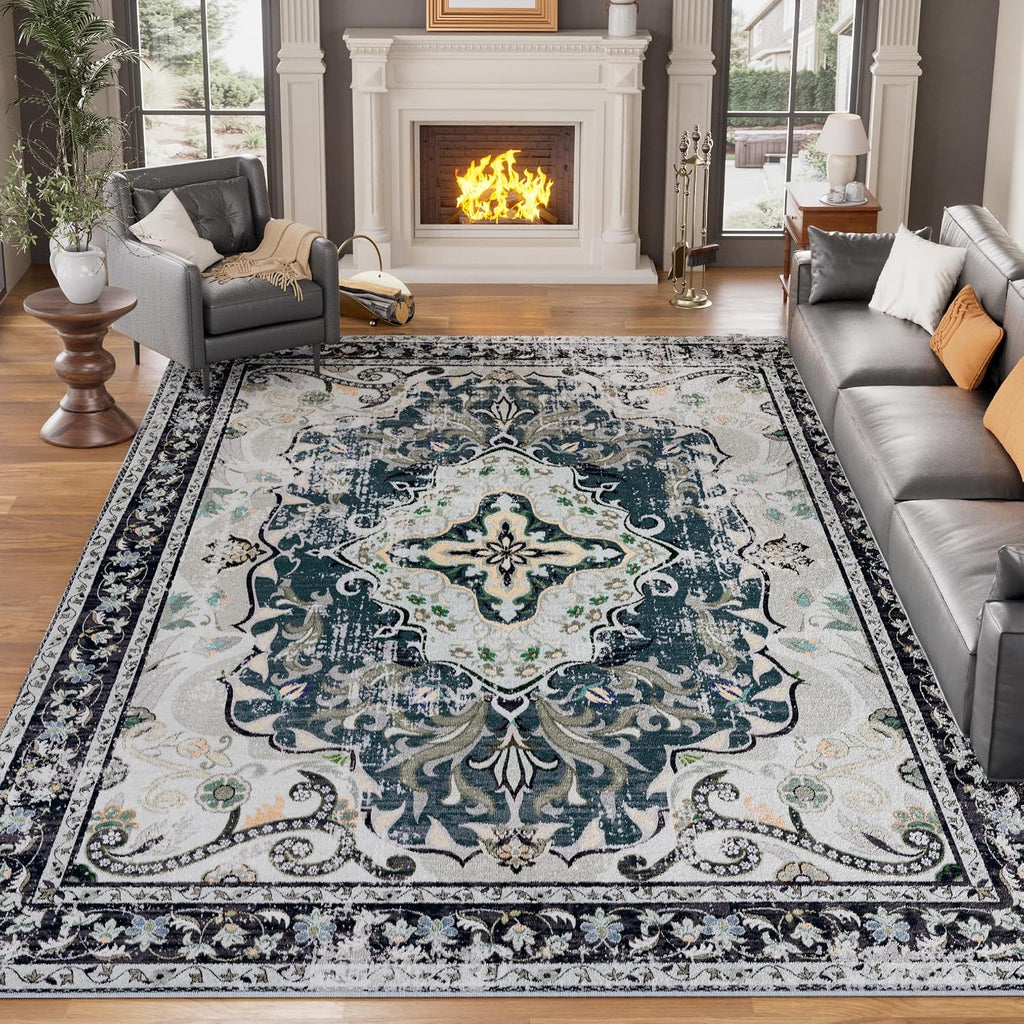 Washable Area Rugs, Non-Slip Boho Vintage Traditional Medallion Print Pattern Carpet Dining Room Farmhouse