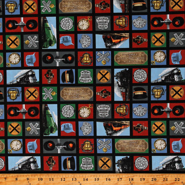 Cotton On The Right Track Trains Railroads Signs Lights Railroad Crossings Engines Multicolor Cotton Fabric Print by