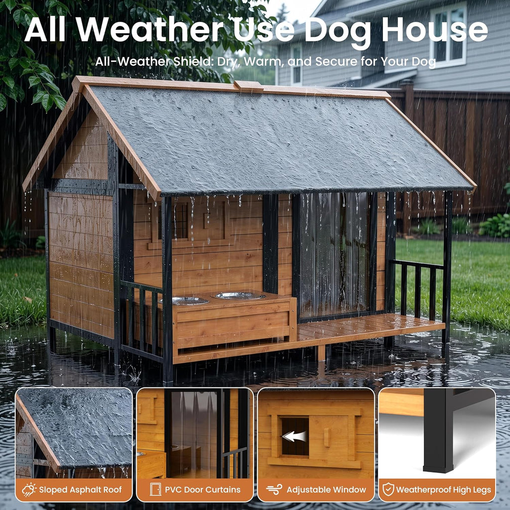 X-Large Outdoor Dog House with Insulated Liner & Dog Bowls