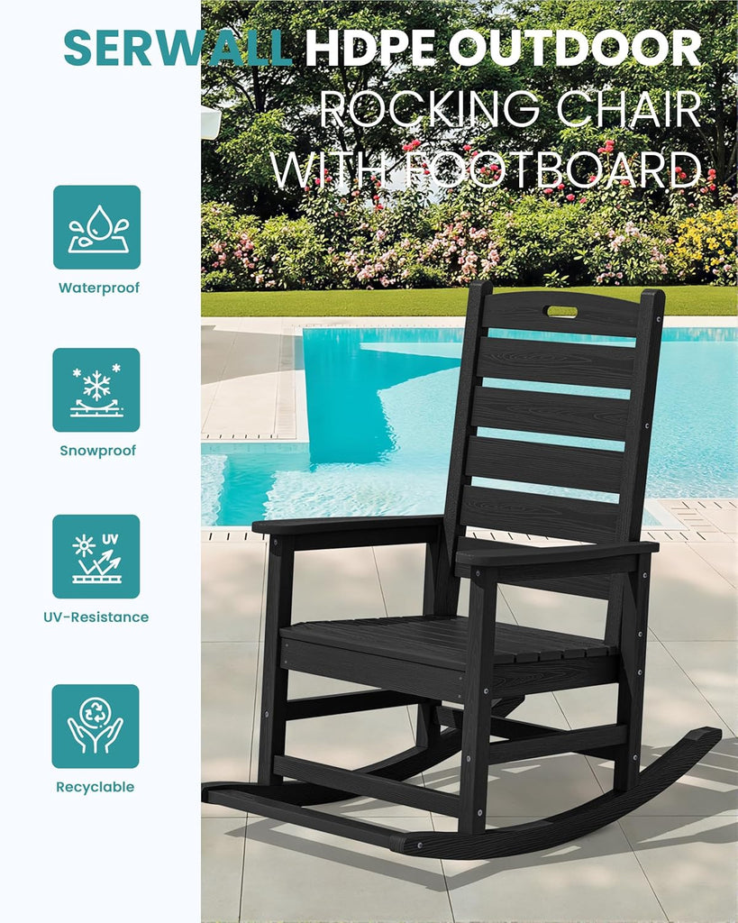 Outdoor Rocking Chair Set of 2, Oversized HDPE Rocker, Black | Heavy Duty Front Porch Rocker with Footrest, all