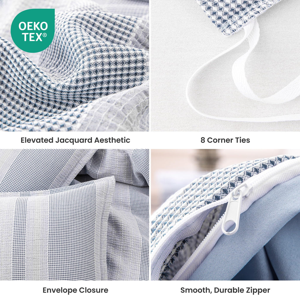 Duvet Cover Set, Luxury Jacquard Waffle Vertical Stripe Soft and Breathable 3 Pcs Comfy Bedding Set Duvet Cover