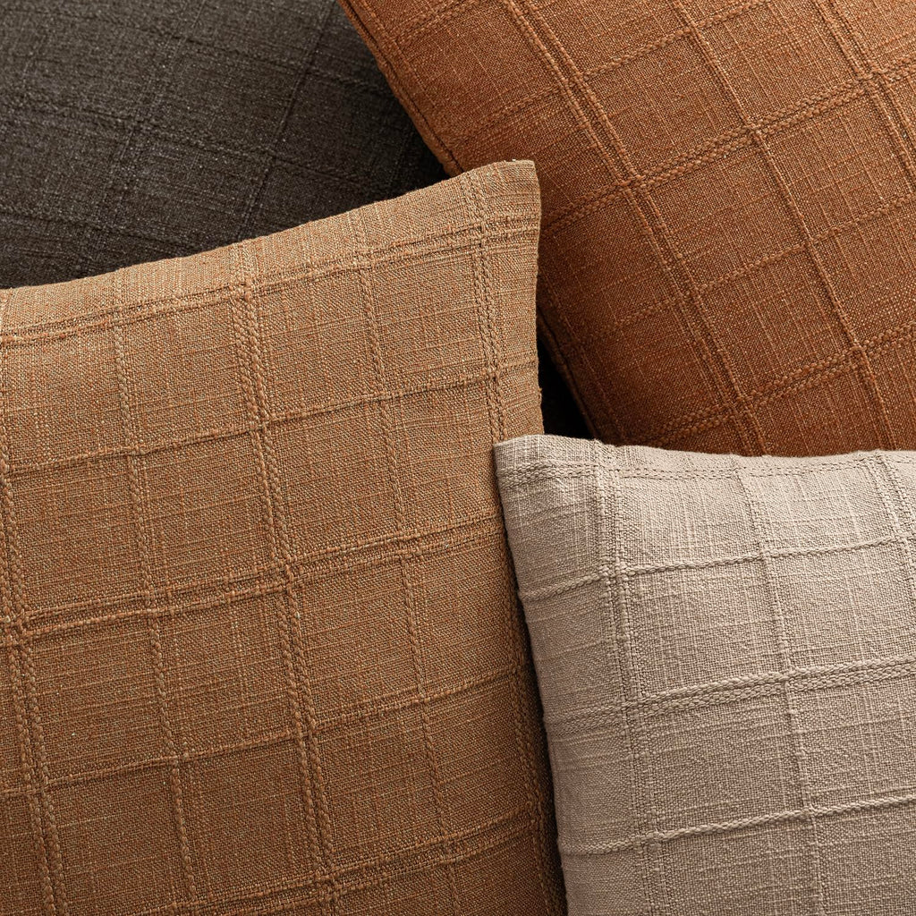 Textured Linen Check Lumbar Throw Pillow Covers 12×24 Inch, Brick