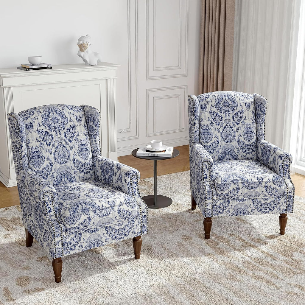 Wingback Accent Chairs Set of 2, High Back Armchair , Navy | Ergonomic Design | Linen Fabric | High-Resilient Foam