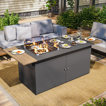 Propane Fire Pit Table 64 Inch with Lid, 60, 000 BTU Gas Fire Pits for Outside Patio with Glass Wind Guard, Dark Grey