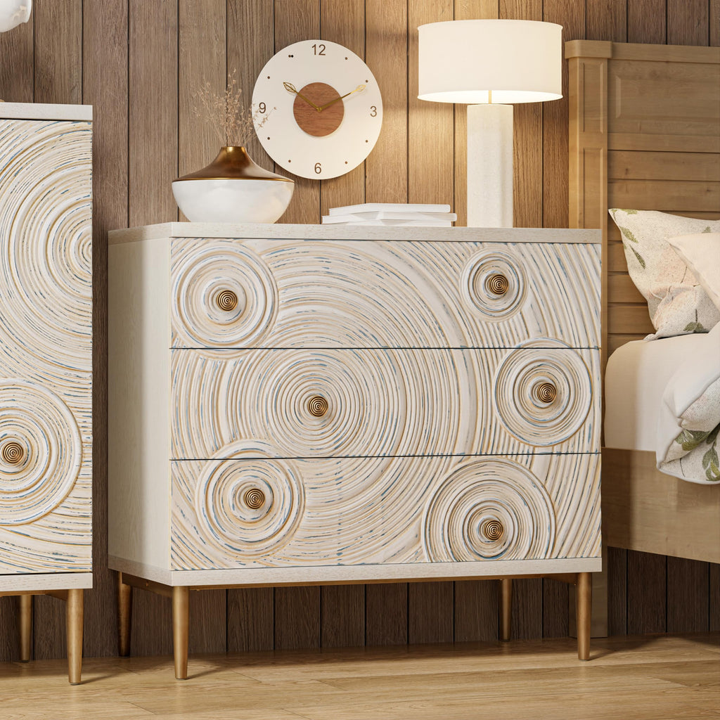 Boho Embossed 3 Drawer Dresser with Ring Motif, White and Gold