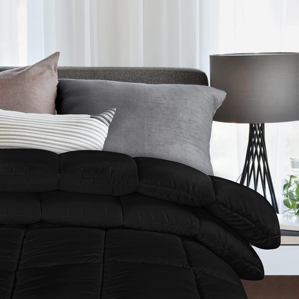 Comforter Duvet Insert, Quilted Comforter with Corner Tabs, Box Stitched Down Alternative Comforters (Black, King UK)