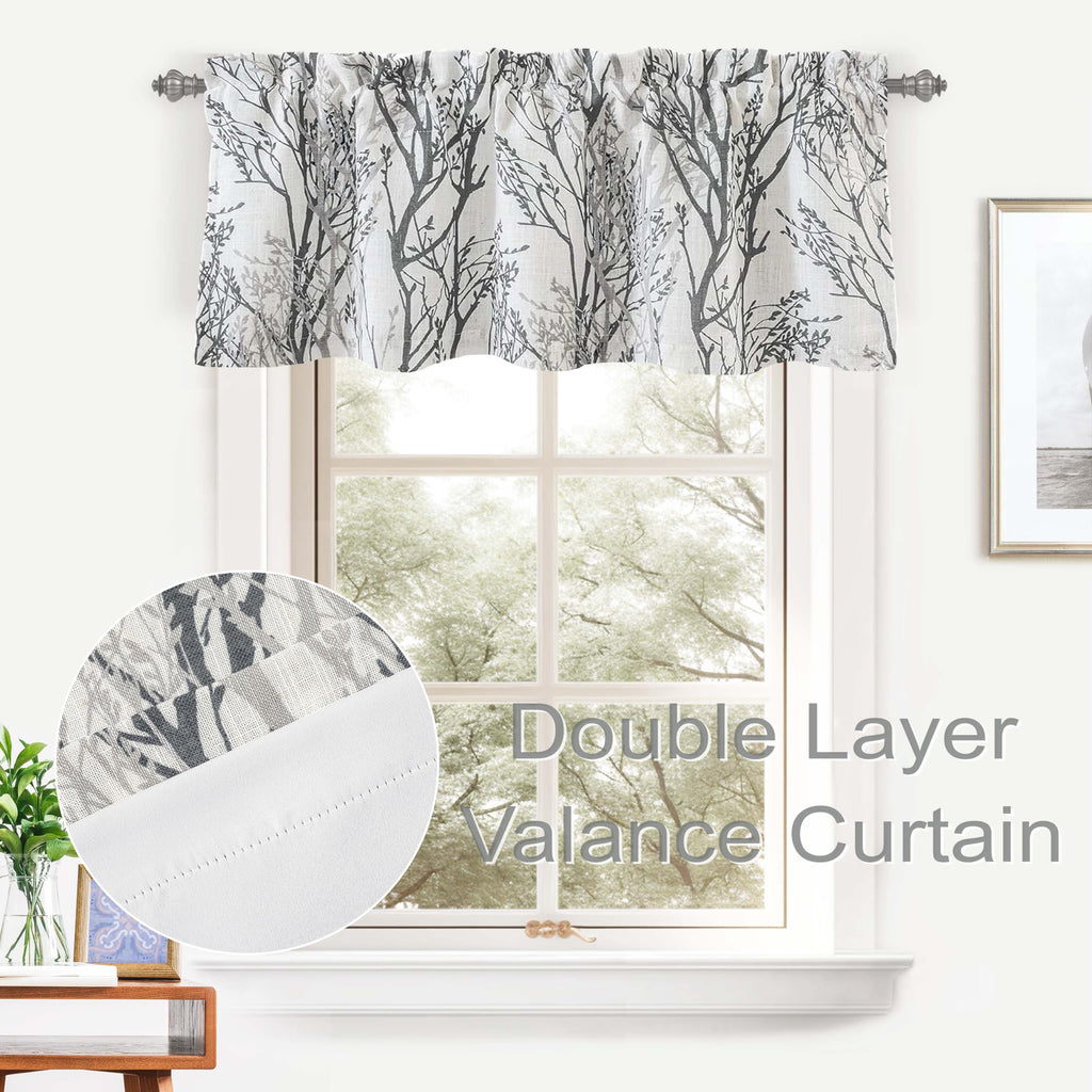 Tree Branch Linen Lined Valance Double Layer Thermal Insulated Room Darkening Blackout Valances 3 Inch Rod Pocket
