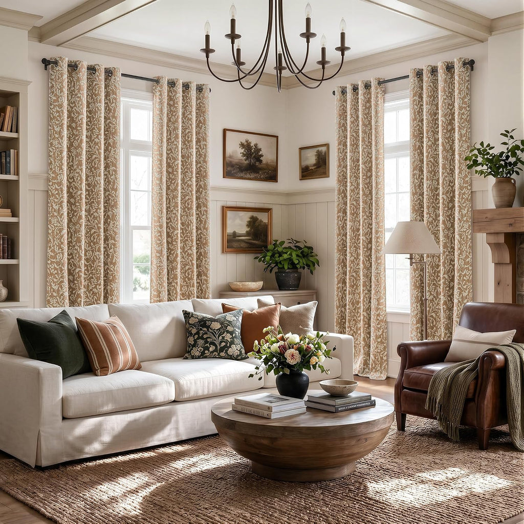 Blackout Curtains, Warm Taupe Scroll Floral Patterned Curtains 96 Inch Length Vintage Art Deco Drapes, Thermal