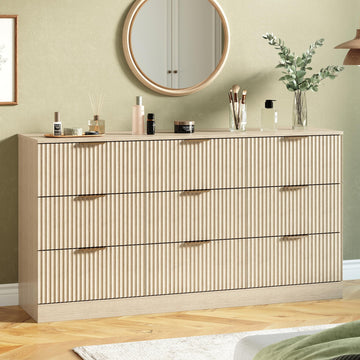 9 Drawer Fluted Dresser, Modern Wooden Chest of Drawers, Wide Storage Cabinet with Smooth Silent Slides, Anti-Tip