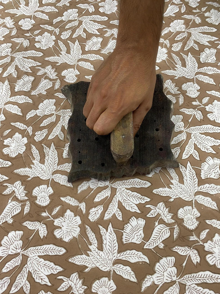 Hand Block Print Round Tablecloth Oak Brown 90 Inch 100% Cotton