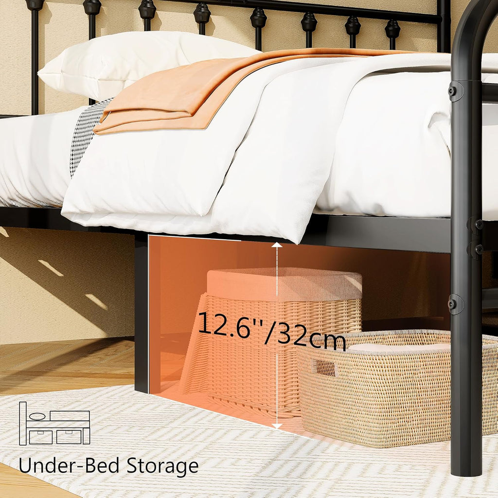 Full Metal Platform Bed Frame/Victorian Style Headboard and Footboard/Steel Slat Support/Easy Assembly/No Box Spring