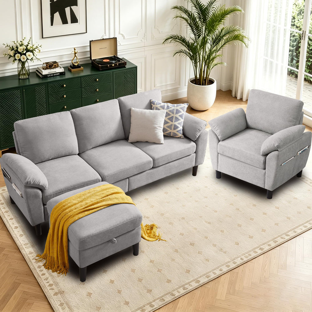 Convertible Sectional Sofa Set, 79" Modern L Shaped Couch, Linen Upholstered 3 Seat Sofa and 35" Accent Chair