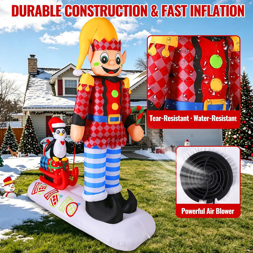 8FT Christmas Inflatables Solider with Pinguin on Sled, Giant Christmas Outdoor Decor Bulit-in LED Lights, Blow Up