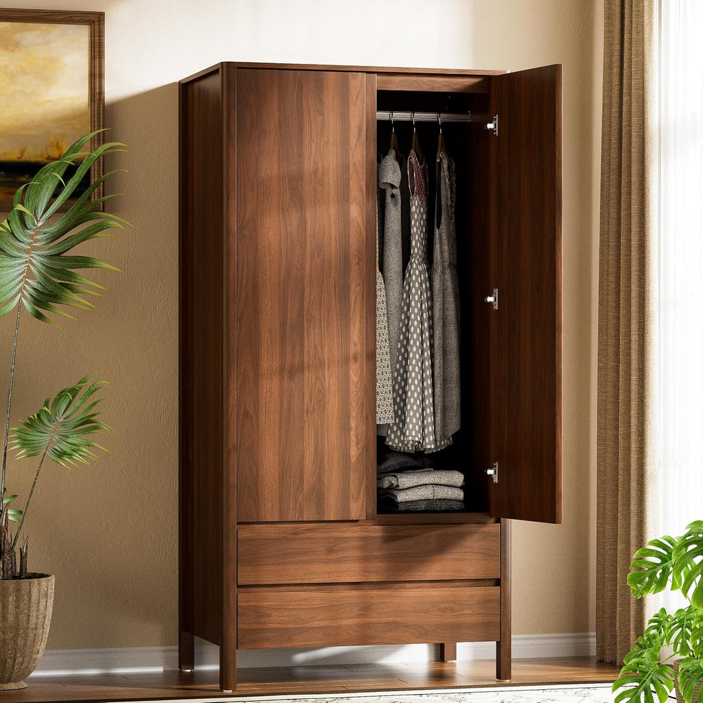 Armoire Wardrobe Closet, 70.9" Tall Wardrobe Cabinet with 2 Doors, 2 Large Drawers and Hanging Rod, Wooden Clothing