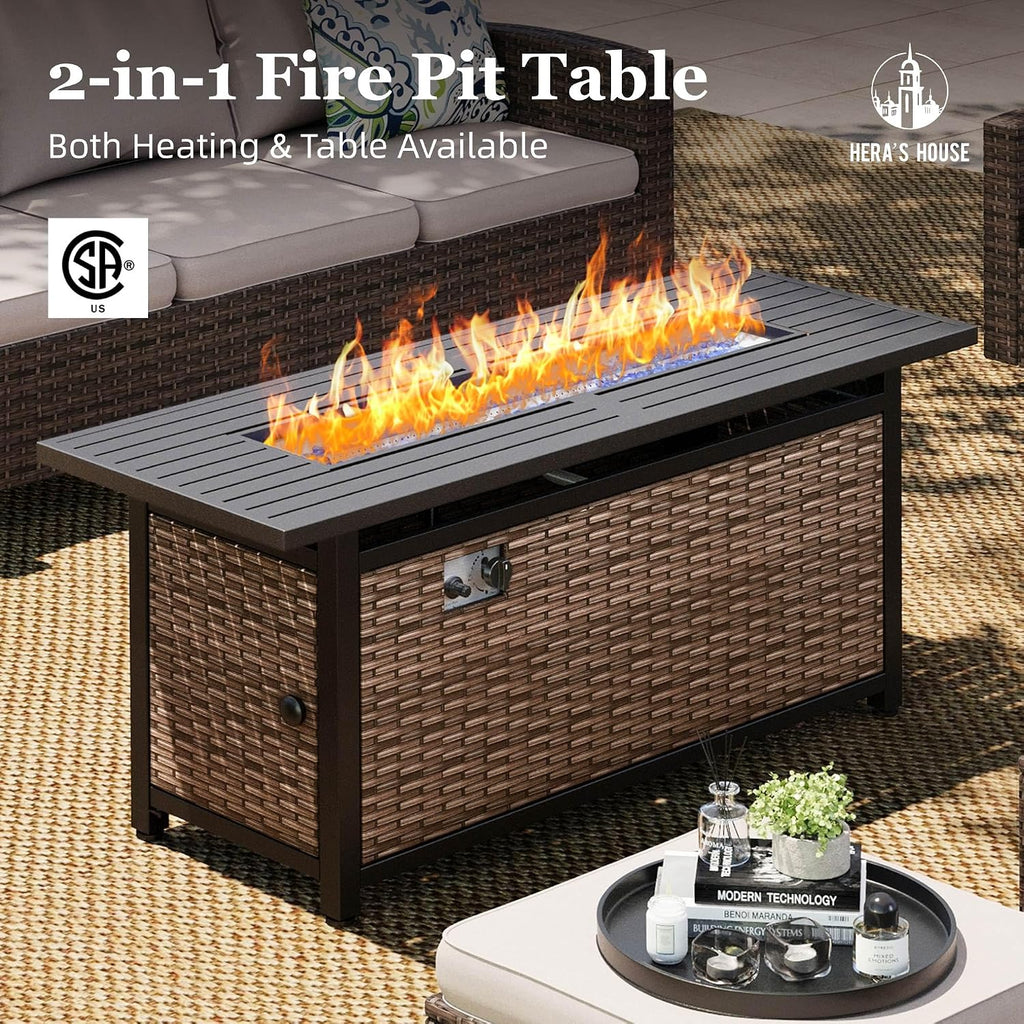Swivel Glide Patio Furniture Set with Fire Pit Table Wicker | Outdoor 6 Pieces Sectional Conversation Sofa Sets for