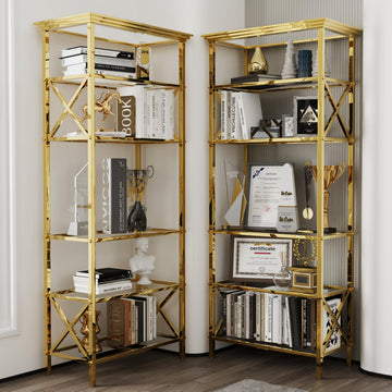 71" Tall Bookshelf Set of 2, 6-Tier Tempered Glass Bookcase Organizer/Display, Gorgeous Gold Mirror Stainless Steel