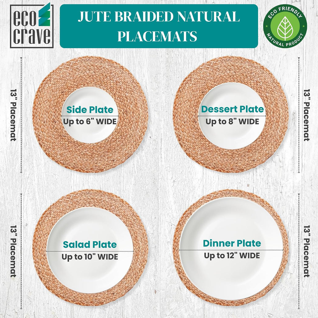 Natural Jute Placemats, Round Woven Table Mats, 13 Inch Rattan Charger Plates for Dinner, Boho Farmhouse - Set of 6