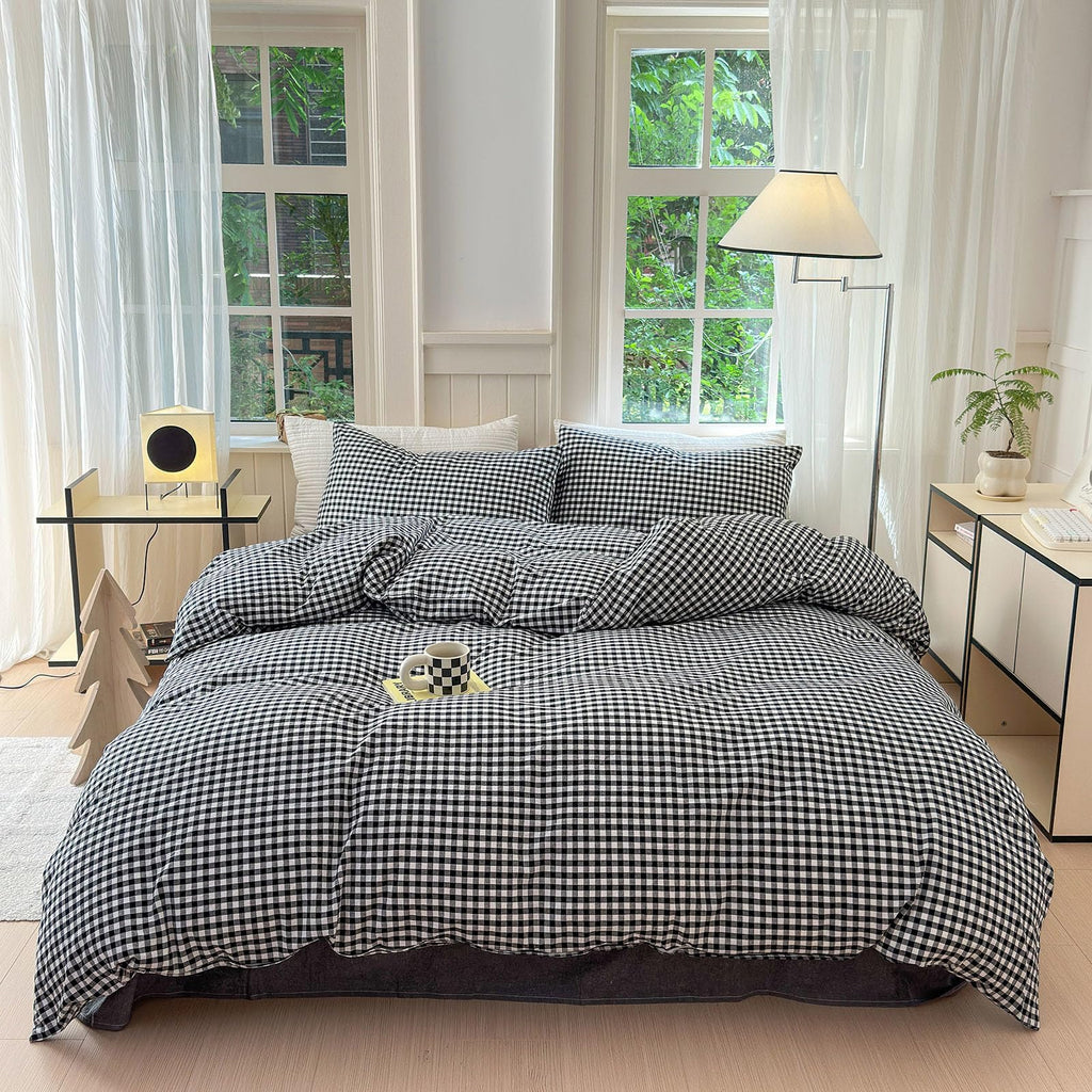 Black Gingham Comforter Full Size Boho Plaid Checkered Pattern Comforter Geometric Grid Plaid Printed Bedding