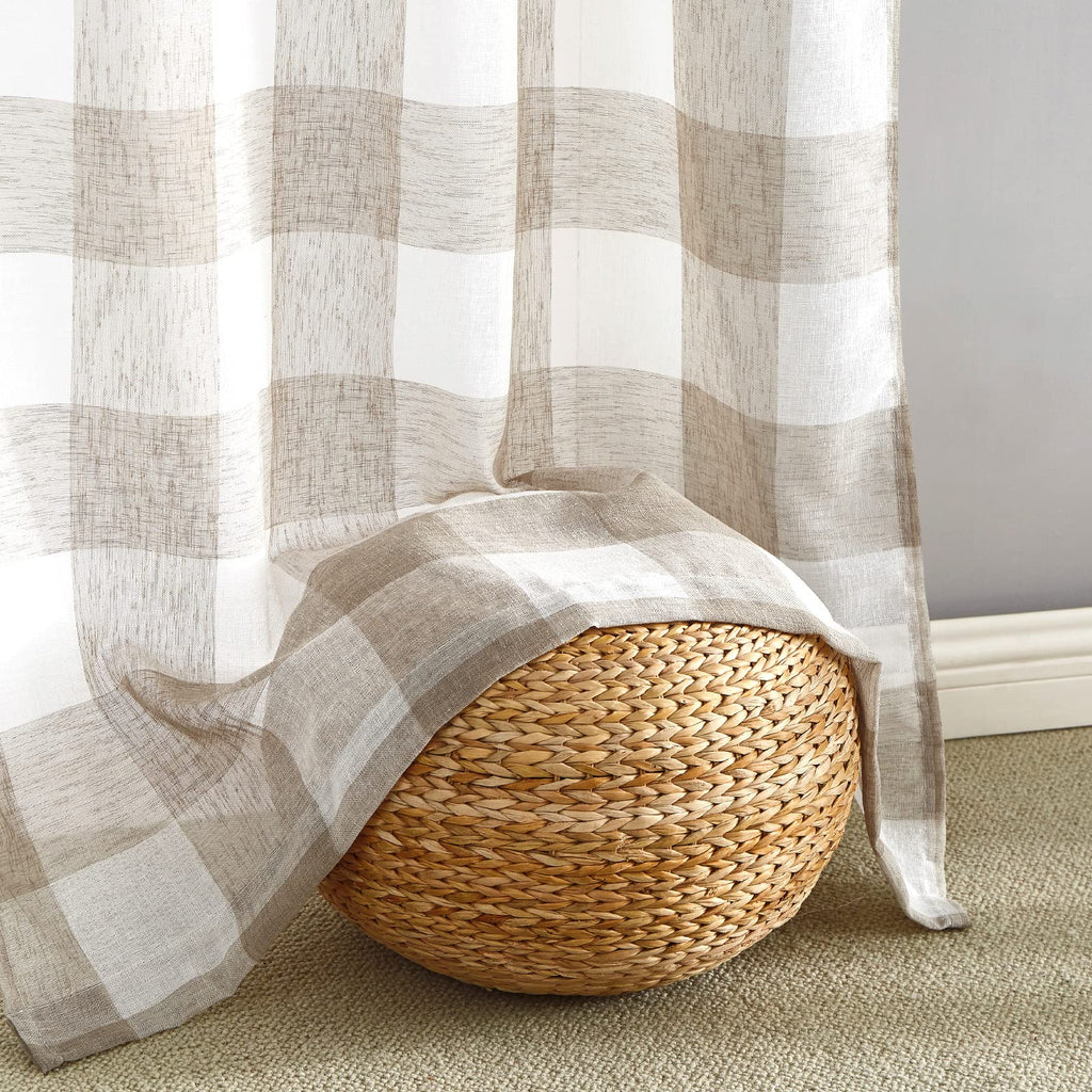 Tan White Buffalo Plaid Sheer Curtains for Farmhouse 54 Inch Long