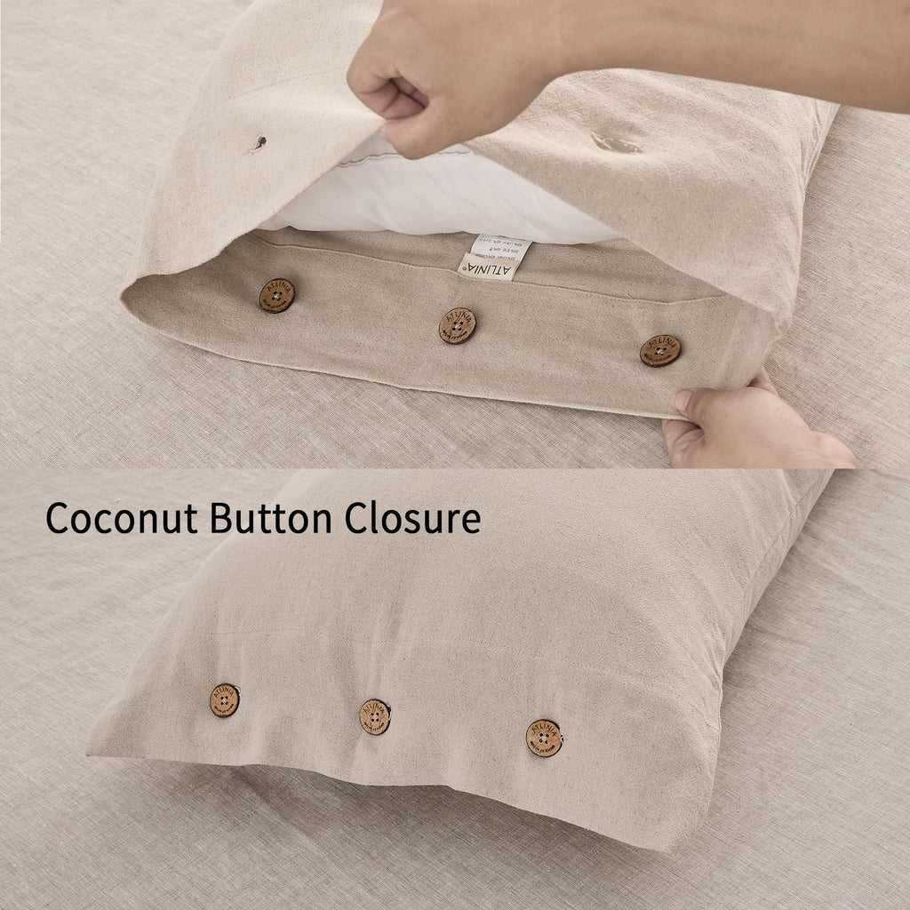 Button Closure Linen Pillow Shams King Size Natural Pillowcases