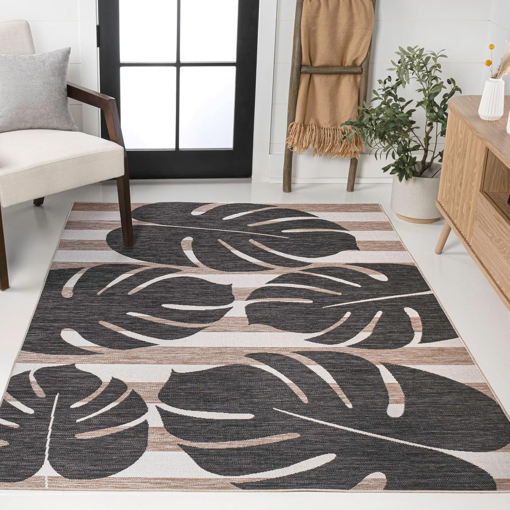 Beach Stripe and Monstera Leaf Indoor Outdoor Area Rug Black/Beige, Allison Classic for Backyard, Patio, Porch