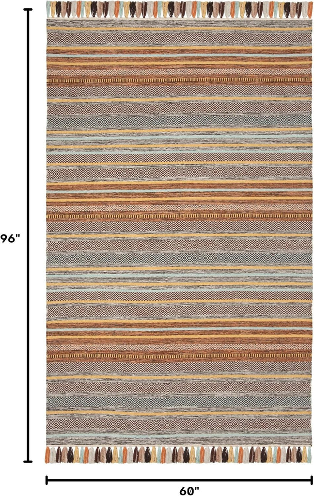 Montauk Collection Area Rug - 5' x 8', Turquoise & Brown, Handmade Boho Stripe Fringe Cotton, Ideal for High Traffic