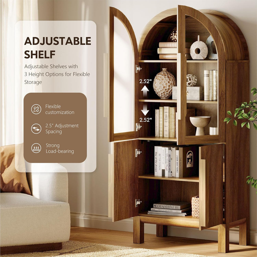71" Tall Arched Bookshelf, 5 Tiers Bookcase with Glass Doors and Adjustable Shelves, Modern Arched Display Cabinets