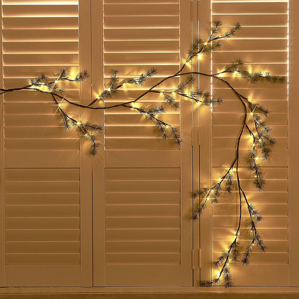 Lighted Pine Garland Battery Operated with Timer 6FT 48 LED Fairy Lights, Christmas Garland with Lights Wall Patio