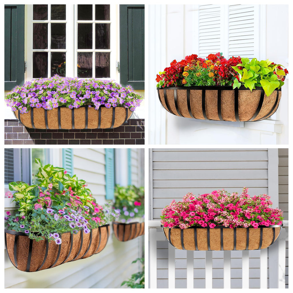 30" Deck Railing Planter Box with Horse Trough Coco Liners, Black Window Box Metal Hanging Flower Planters Baskets