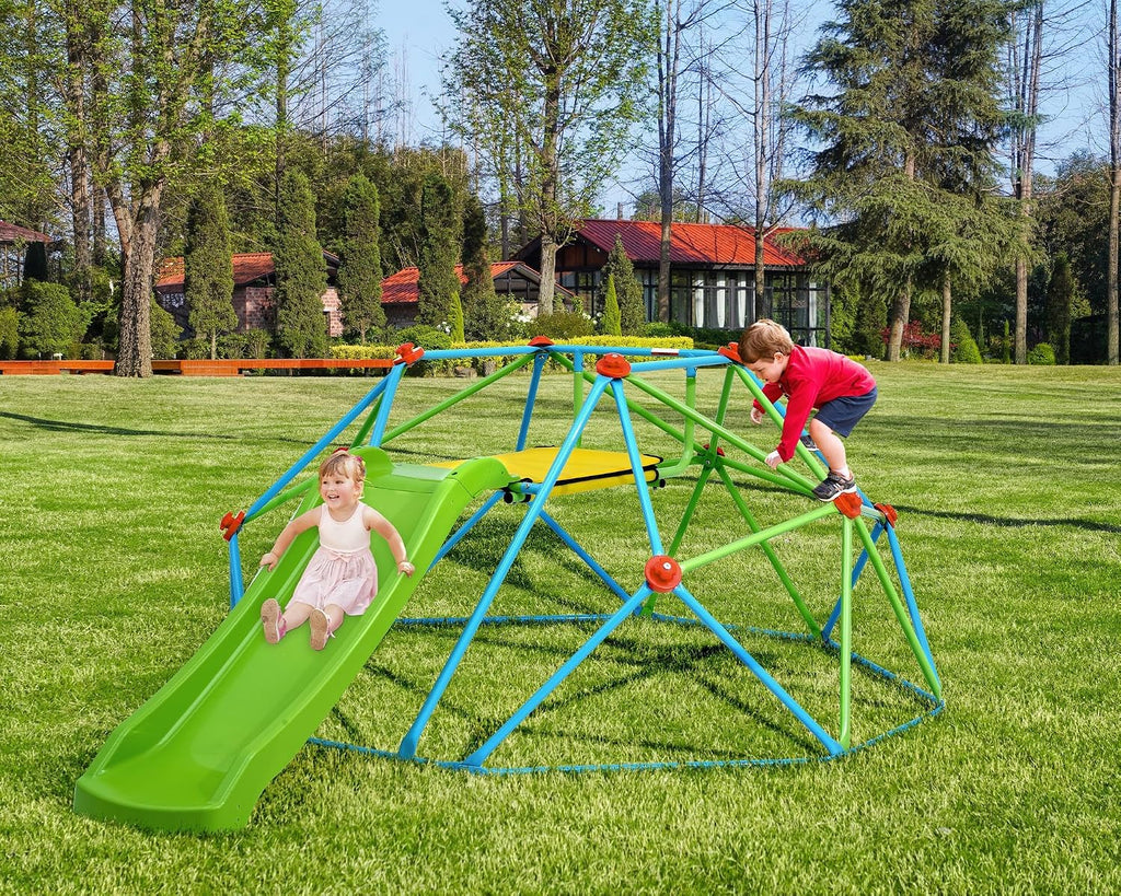 Climbing Dome with Slide Max Load 440Lbs, 8FT Jungle Gym Monkey Bar for Backyard, 2 in 1 Outdoor Climbing Frame Toys