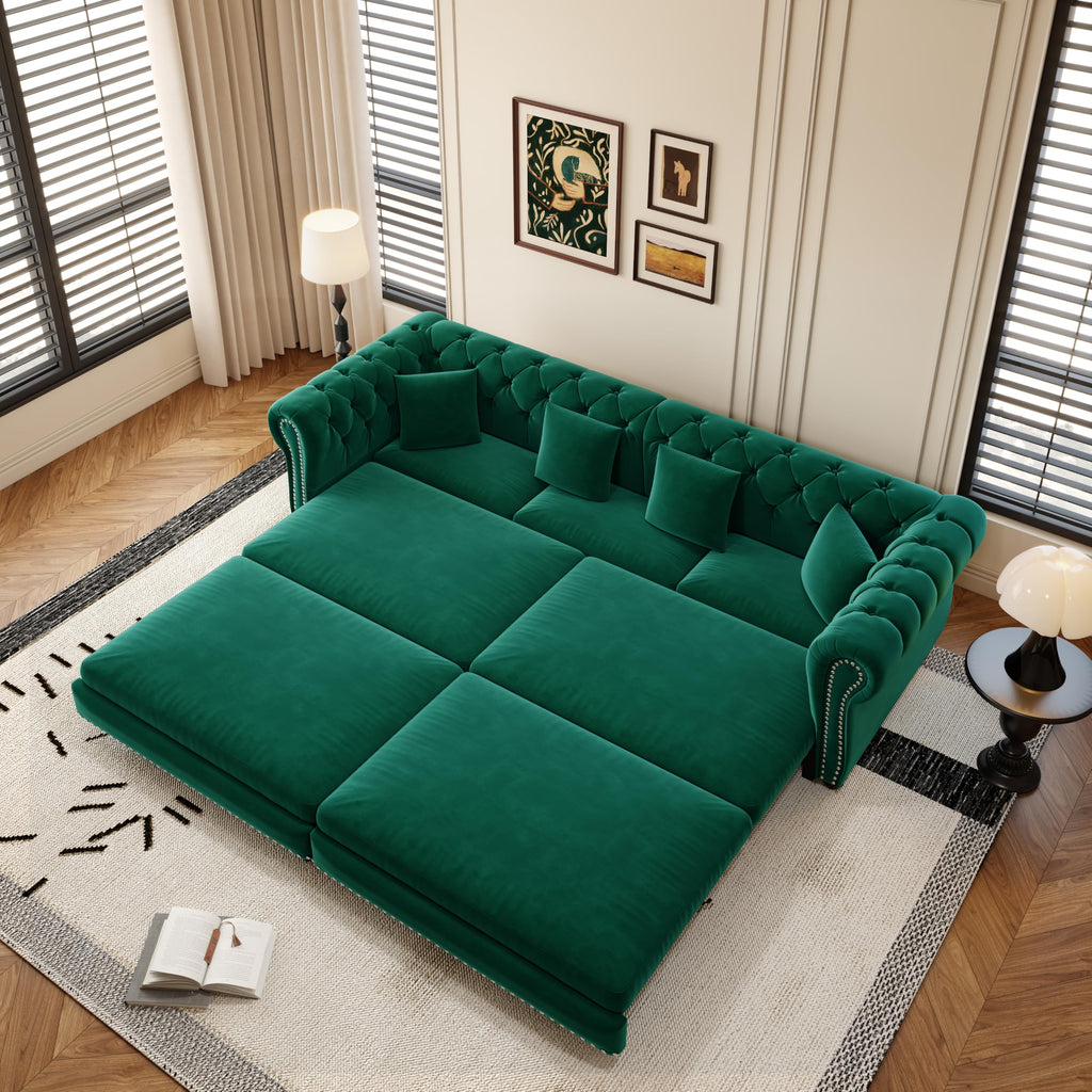 89" King Size Sleeper Sofa Bed, 3-in-1 Convertible Pull Out Chesterfield Sleeper Couch with Ottoman, Oversized Velvet