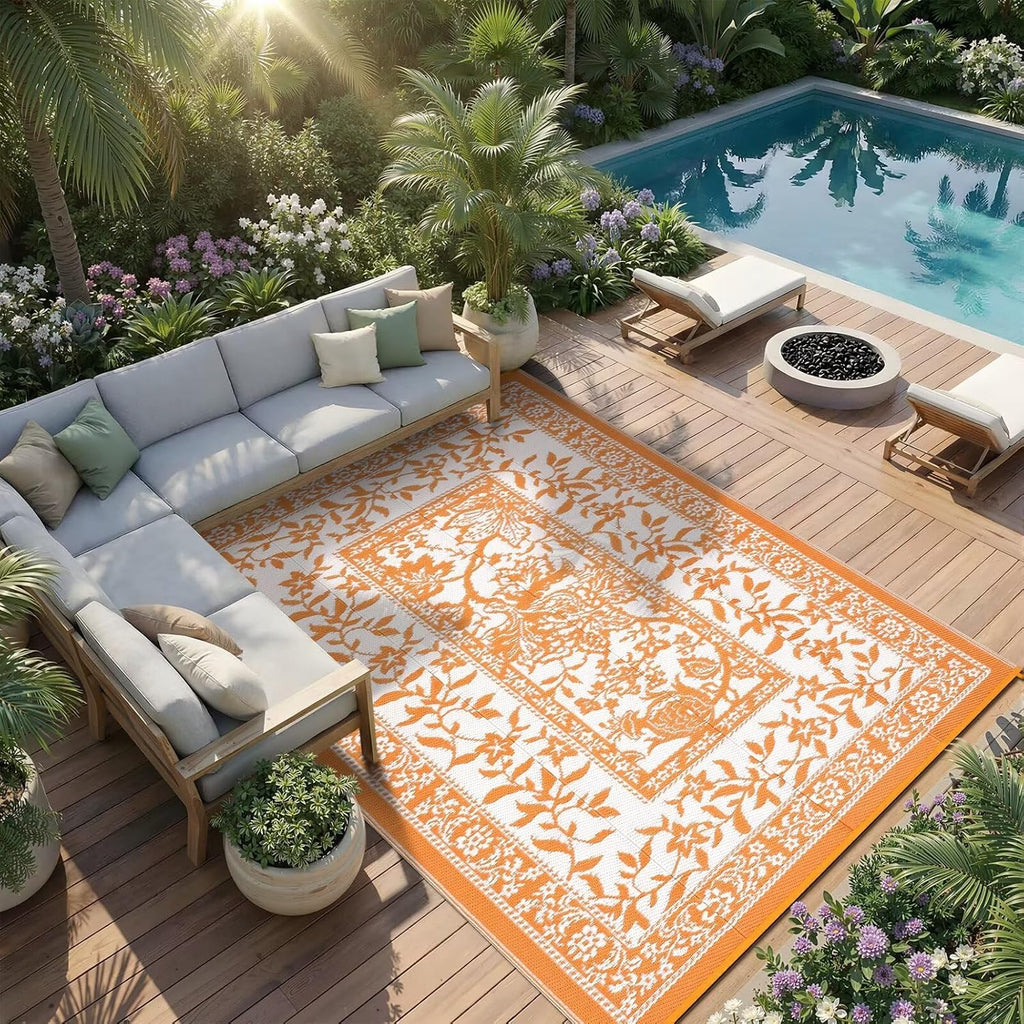 Outdoor Rug Waterproof Reversible Foldable Plastic Straw Orange