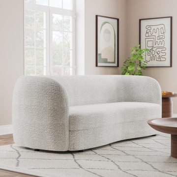 Nimiane Modern Boucle Sofa with Curved Arms and Wooden Legs, Comfy Fabric Upholstered 3 Seater Couch, Off-White