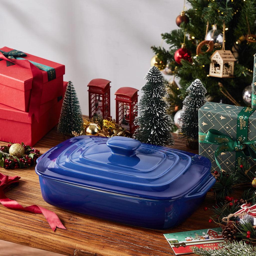 Large Ceramic Casserole Dish with Lid, 4 QT Baking Dish, Blue