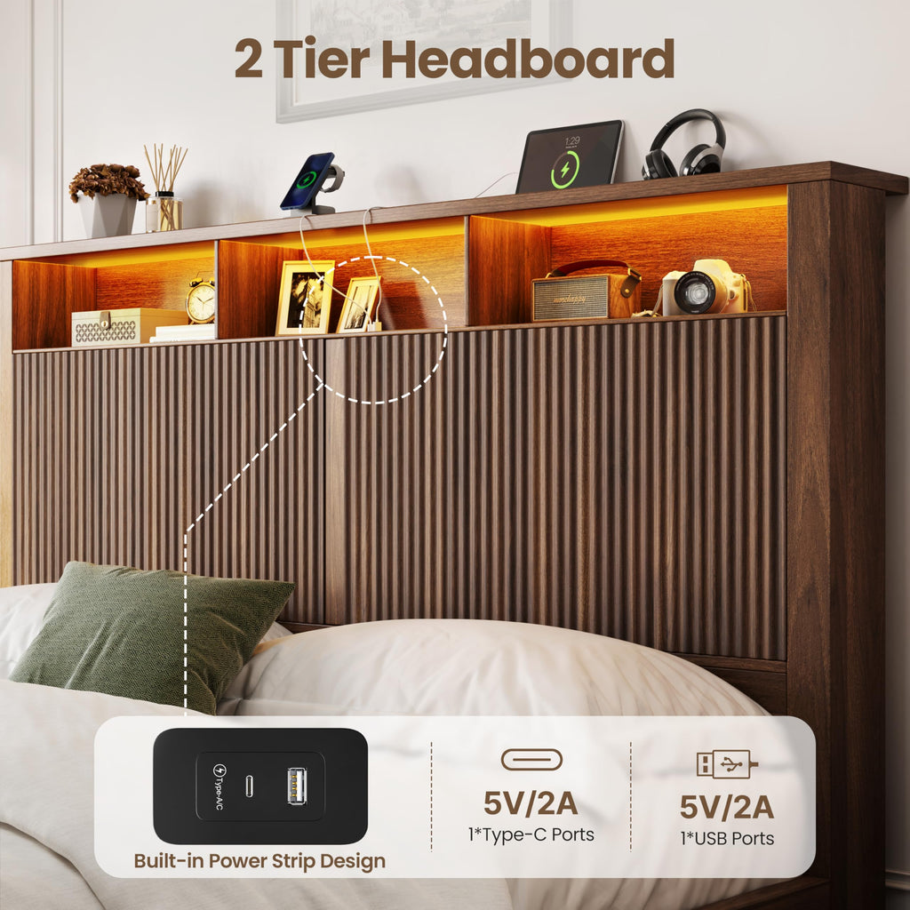 Queen Size Bed Frame with Headboard and 2 Storage Drawers, Walnut