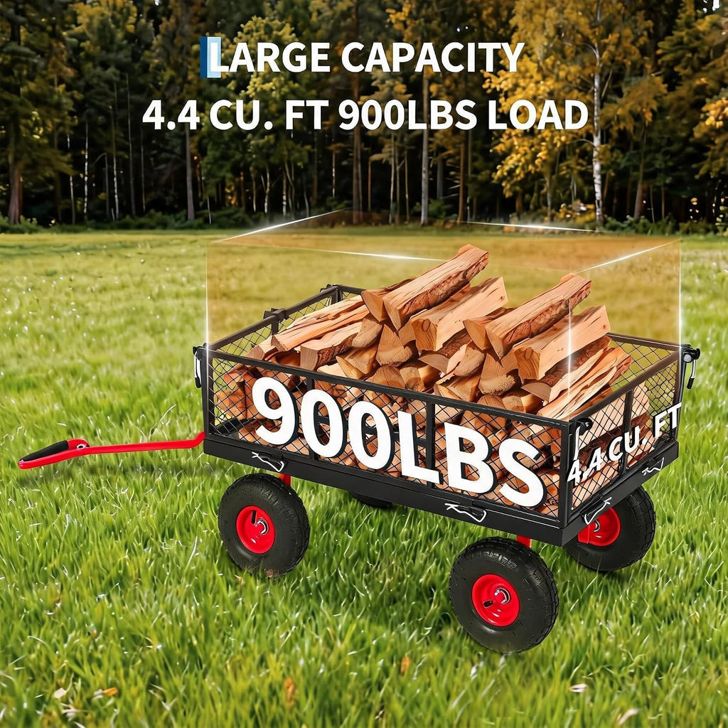 900 LB Garden Cart, Heavy Duty Metal Utility Garden Wagon Cart. Red | 13 in All Terrain Tires, 4-in-1 Yard Wagon Cart