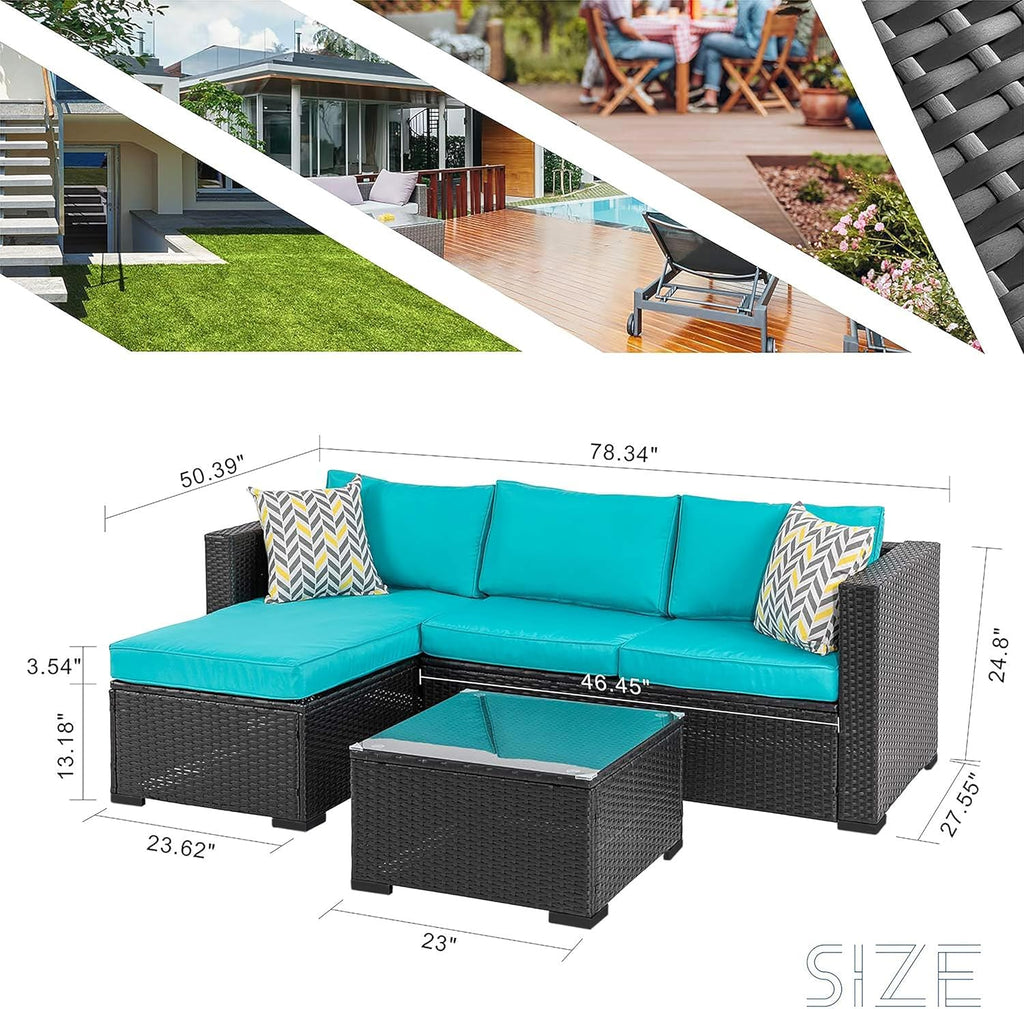 3 Pcs Patio Furniture Set,Outdoor Sectional Black Wicker Patio Conversation Set,All-Weather Rattan Patio Couch with