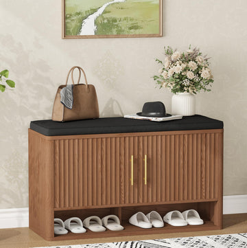 Fluted Shoe Storage Bench, Entryway Bench with Adjustable Shelves